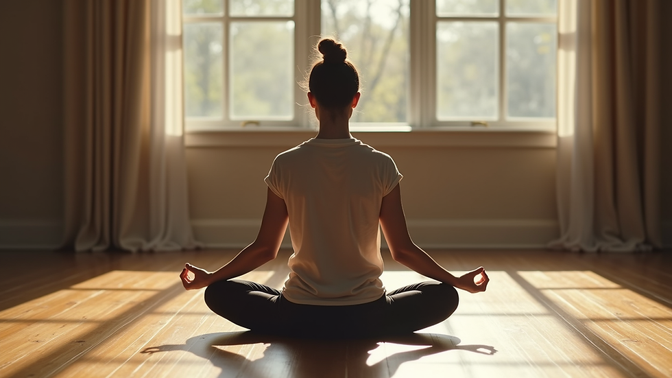 Close-up view of a person sitting cross-legged on a wooden floor practicing meditation