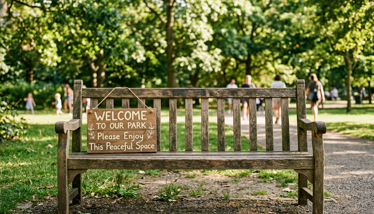 Eye-level view of a wooden bench in a sunny park with a handwritten welcome sign resting on it.