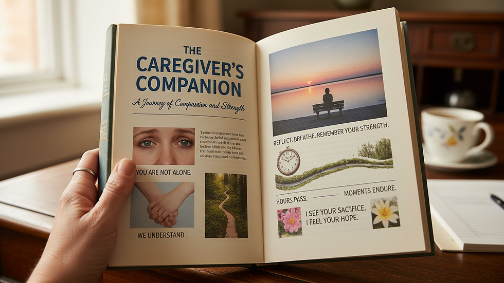 Close-up view of a hand holding a book titled "The Caregiver’s Companion"