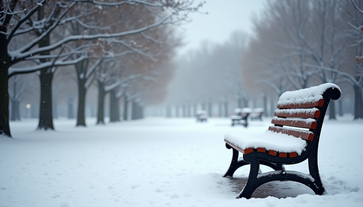 Eye-level view of a snow-covered park bench under gray winter sky