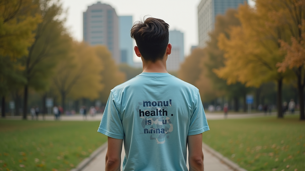 Eye-level view of a person wearing a mental health advocacy t-shirt standing in a city park