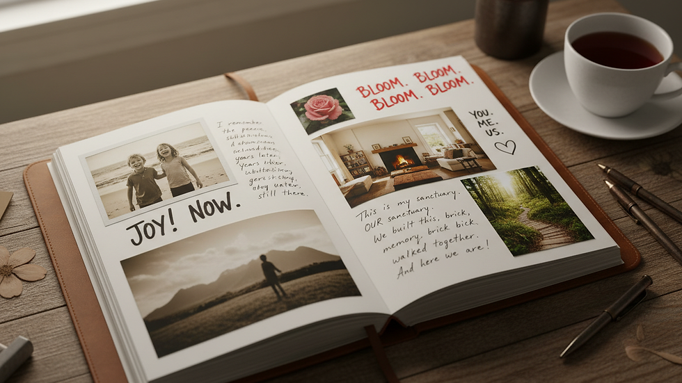 Close-up view of a memory book with handwritten notes and photos