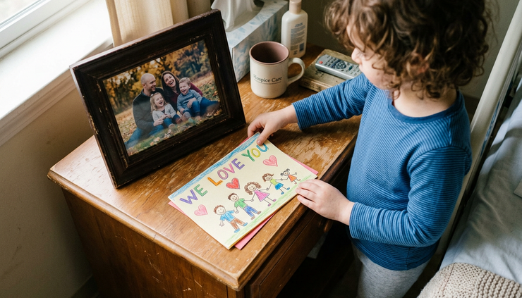 Overhead view of a child placing a card beside a framed family photograph