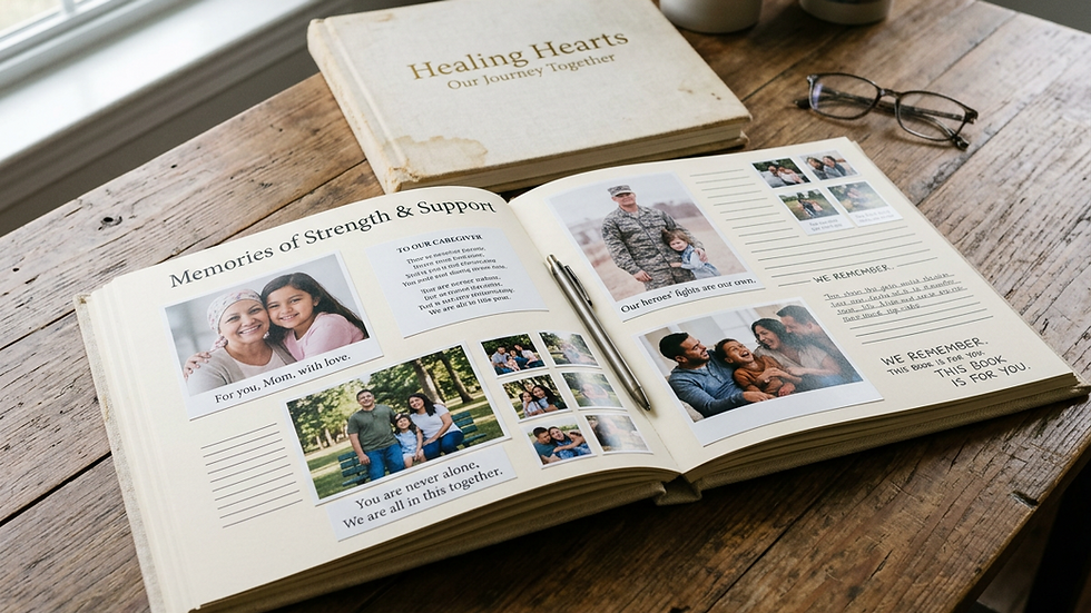 Eye-level view of a Healing Hearts Memory book open on a wooden table
