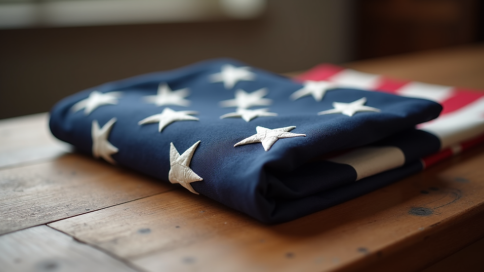 Close-up view of a veteran's folded flag resting on a wooden surface