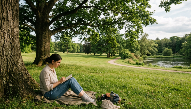 Wide-angle view of a quiet person sitting on grass under a tree in soft afternoon light