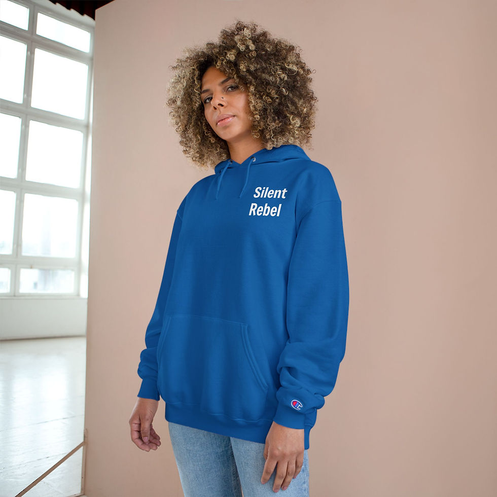 A split image showing the back and front of a blue hoodie worn indoors under bright lighting. The back features a circular “