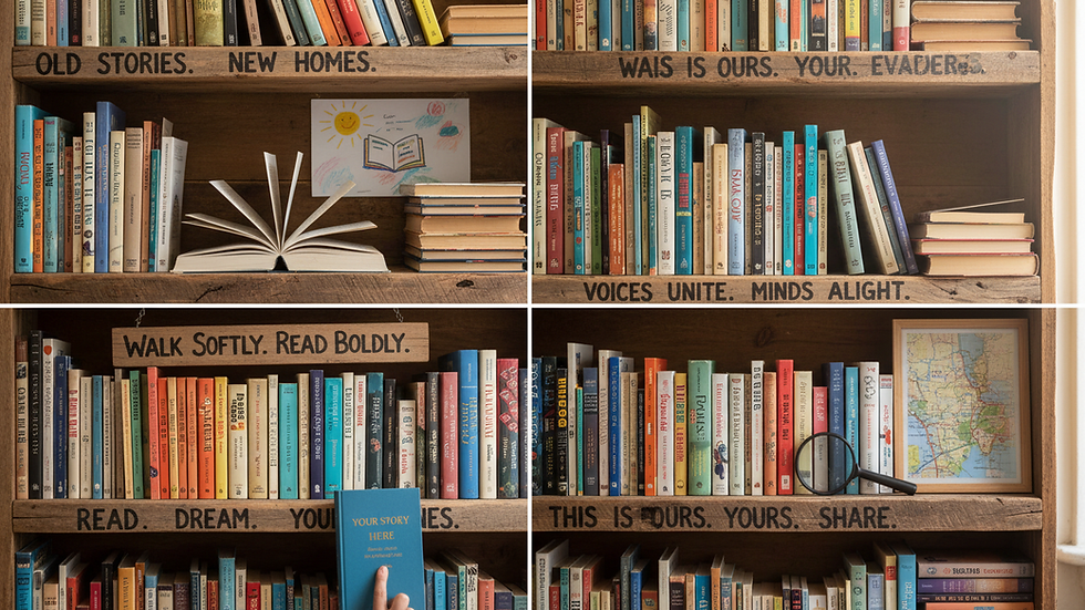 Eye-level view of a community library shelf filled with donated books