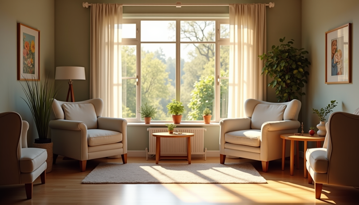 Eye-level view of a peaceful hospice room with soft lighting and comfortable furniture