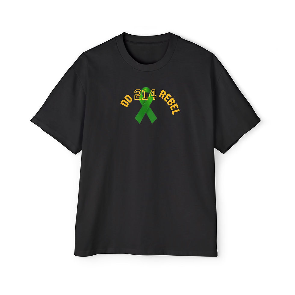 A person wears a black t-shirt with a small chest design featuring a green awareness ribbon centered over a skull gra