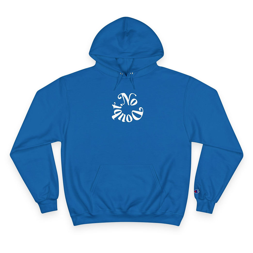 A blue hooded sweatshirt features a striking white graphic on the front, with the phrase "No Doubt" arranged in a circular, s
