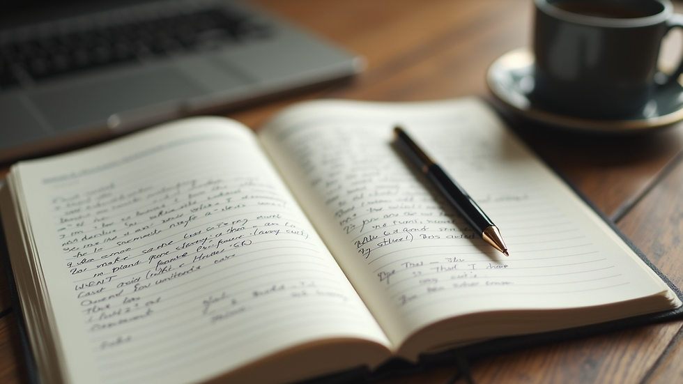 Close-up view of a journal with handwritten notes and a pen
