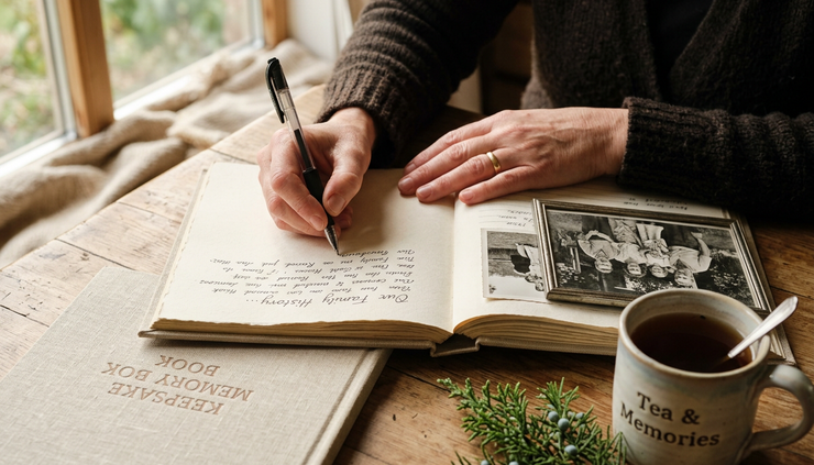 Close-up of hands writing in a memory book beside an old family photo.