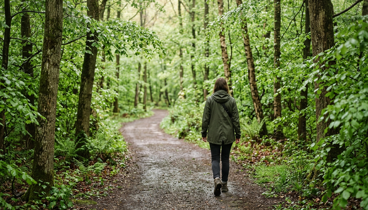 Eye-level view of a quiet walking path through trees after rain.