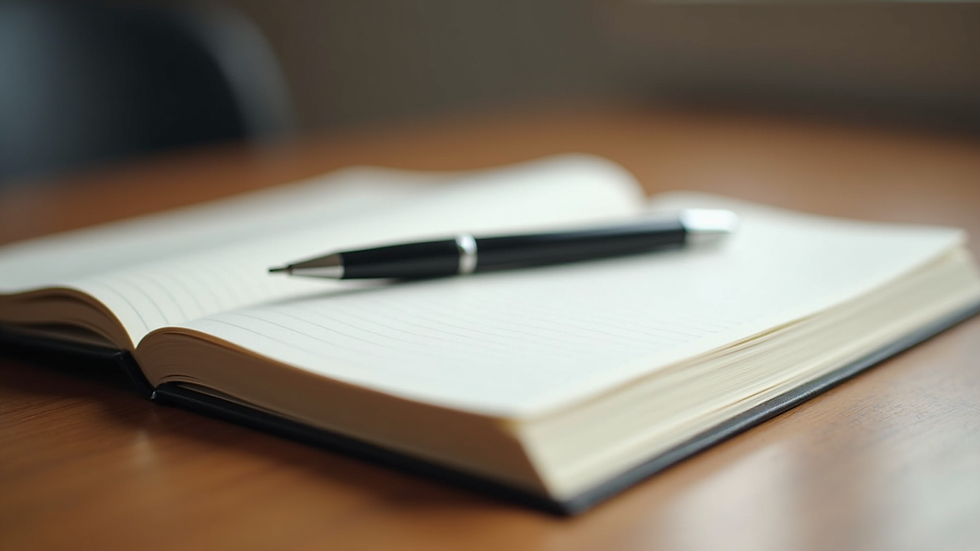 Close-up view of a journal and pen on a wooden table, symbolizing mental health journaling
