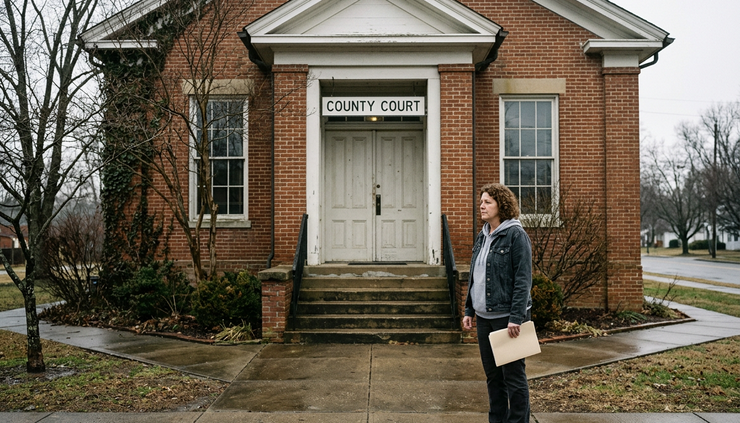 Wide-angle view of a courthouse entrance with a family member holding a folder