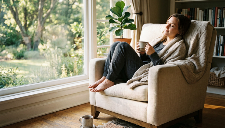 Eye-level view of a person resting barefoot near a sunny window with a blanket and cup of tea