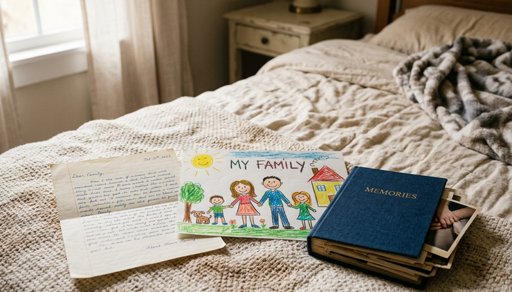 Close-up of a handwritten letter beside a child’s drawing and a small photo album