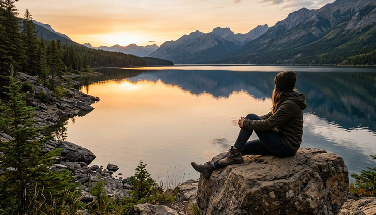 Wide-angle view of a person sitting alone on a large rock near a calm lake.