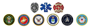  Collection of emblems representing U.S. public service and military organizations. The top row includes symbols for law enforcement (police badge), emergency medical services (blue Star of Life), and fire departments (red fire department emblem). The bottom row features official seals of the United States Army, Marine Corps, Navy, Air Force, Space Force, and Coast Guard. The image honors national defense, public safety, and emergency response roles.