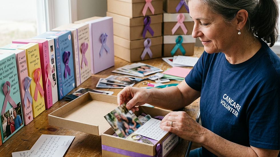Close-up view of a volunteer arranging memory boxes for families