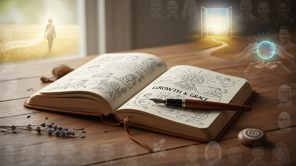 Close-up view of a journal and pen on a wooden table, symbolizing self-care reflection