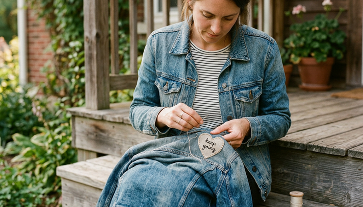 Eye-level view of a person sewing a small heart patch onto a worn denim jacket outdoors