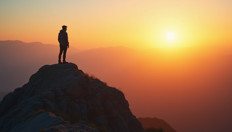 Eye-level view of a person standing on a mountain peak at sunrise, looking toward the horizon