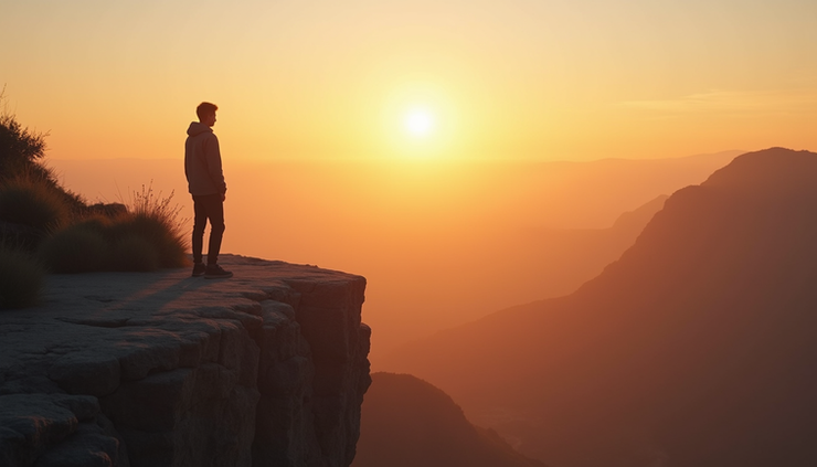 Eye-level view of a person standing on a cliff overlooking a vast valley at sunrise