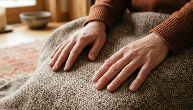 Close-up view of hands resting on a soft blanket during a seated breathing practice.