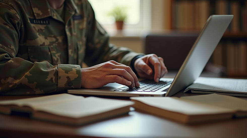 Close-up view of a veteran studying with a laptop and books
