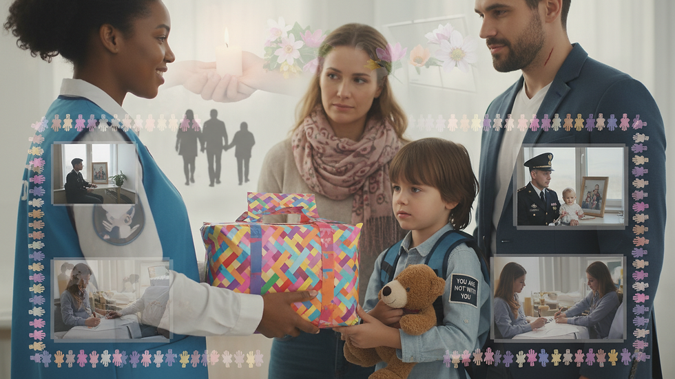 Close-up view of a volunteer handing a care package to a family