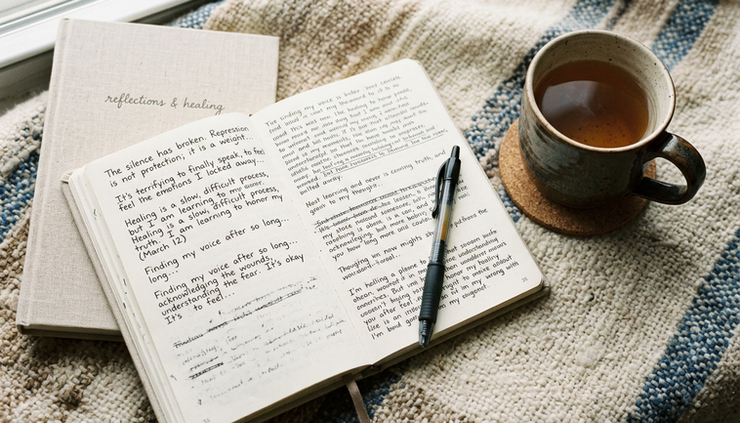 Overhead view of an open journal beside a cup of tea on a woven blanket
