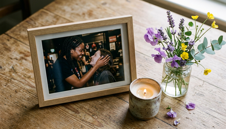 Overhead view of a framed fan photo beside a candle and flowers.