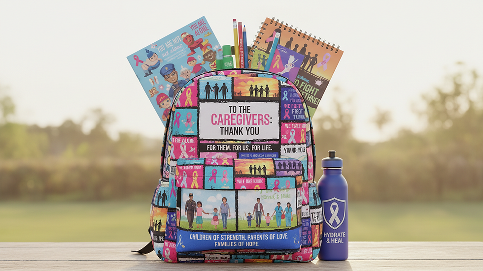 Eye-level view of a colorful backpack filled with school supplies