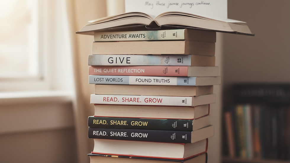 Close-up view of a stack of assorted books ready for donation