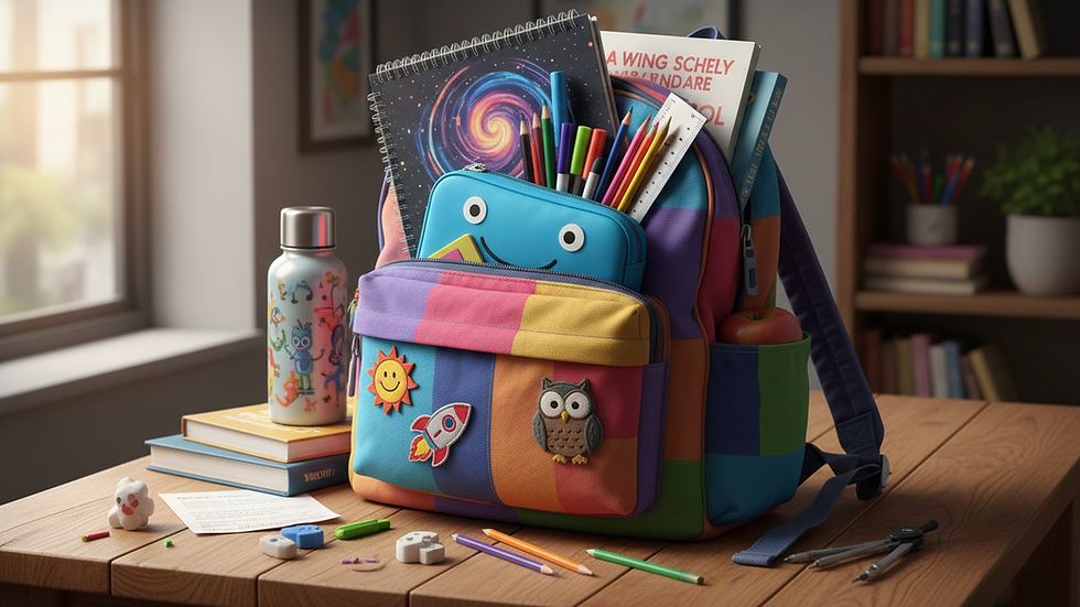 Eye-level view of a colorful backpack filled with school supplies on a wooden table