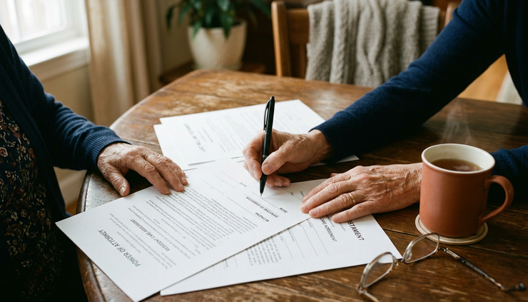 Close-up view of a caregiver holding a pen beside unsigned legal forms at home