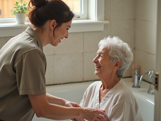 Hospice caregiver providing compassionate bathing support to a patient