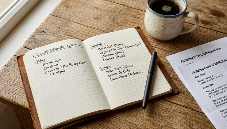 Close-up view of a travel notebook with handwritten dates and a pen