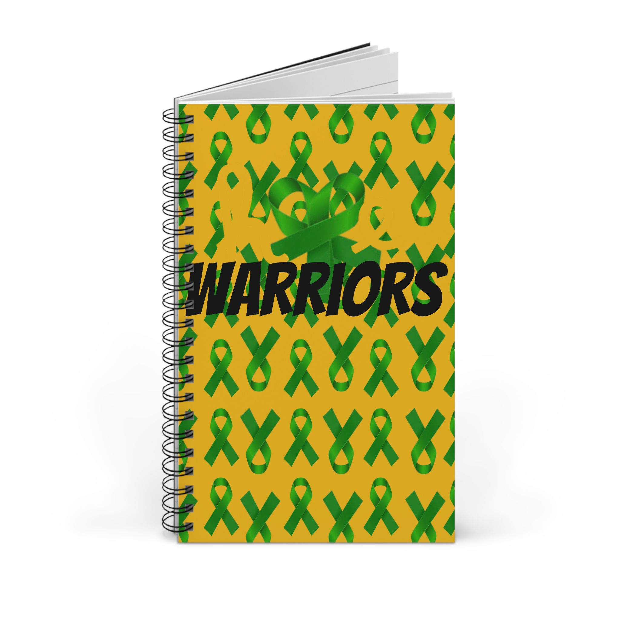 A spiral-bound notebook features a bright yellow cover patterned with green awareness ribbons, symbolizing advocacy and suppo