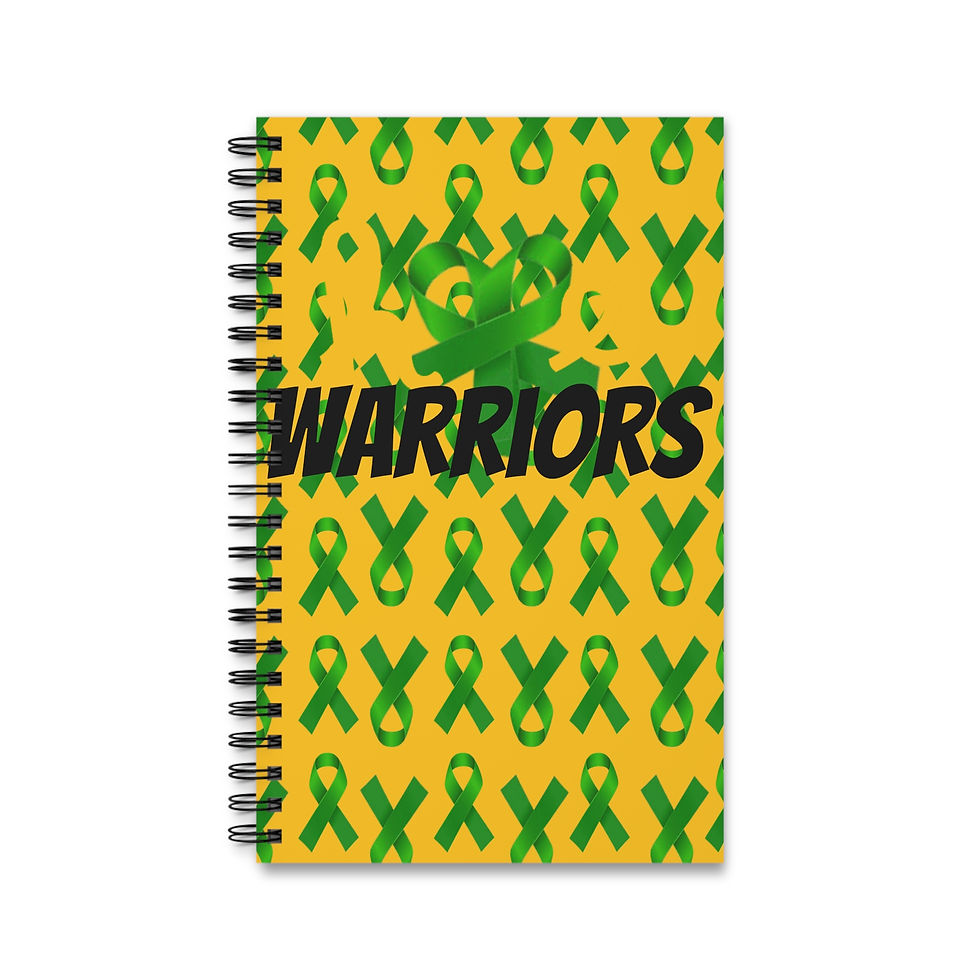 Miniatura: A spiral-bound notebook features a bright yellow cover patterned with green awareness ribbons, symbolizing advocacy and suppo