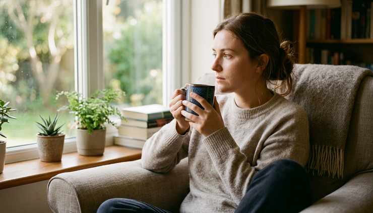 Eye-level view of a person sitting near a window with a warm mug in both hands.