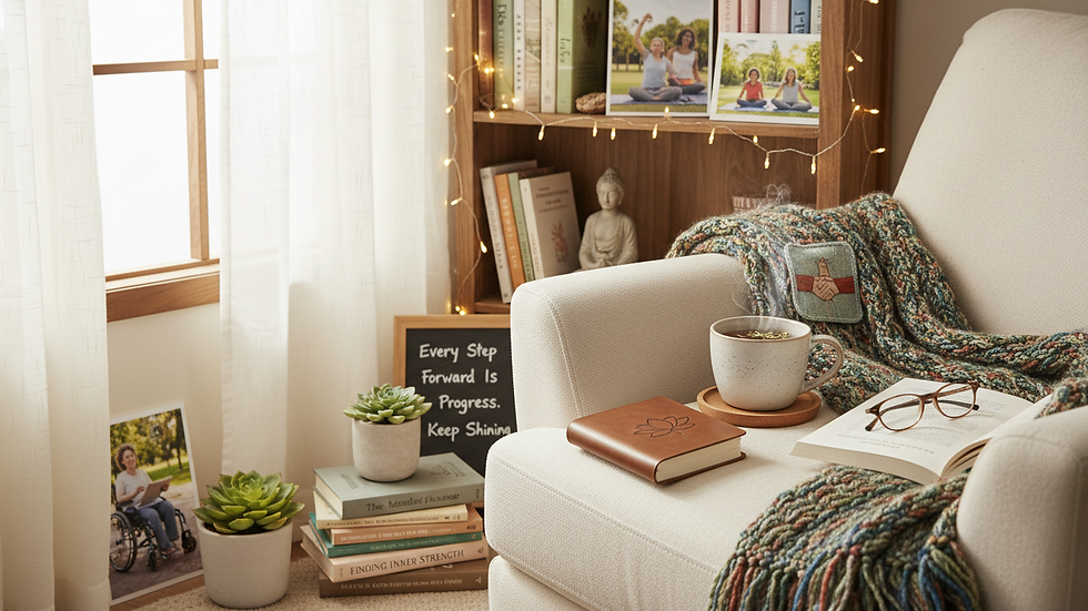 Eye-level view of a cozy reading nook with a journal and a cup of tea
