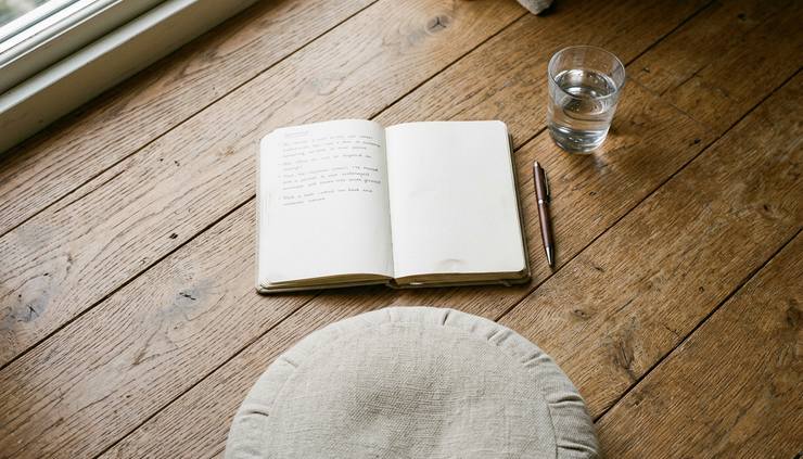 Overhead view of a journal, a glass of water, and a cushion after a breathwork session.