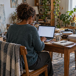 Woman at laptop amongst clutter
