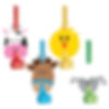 4 animal party blowers in red (cow), blue (horse), yellow (chicken) and green (sheep)