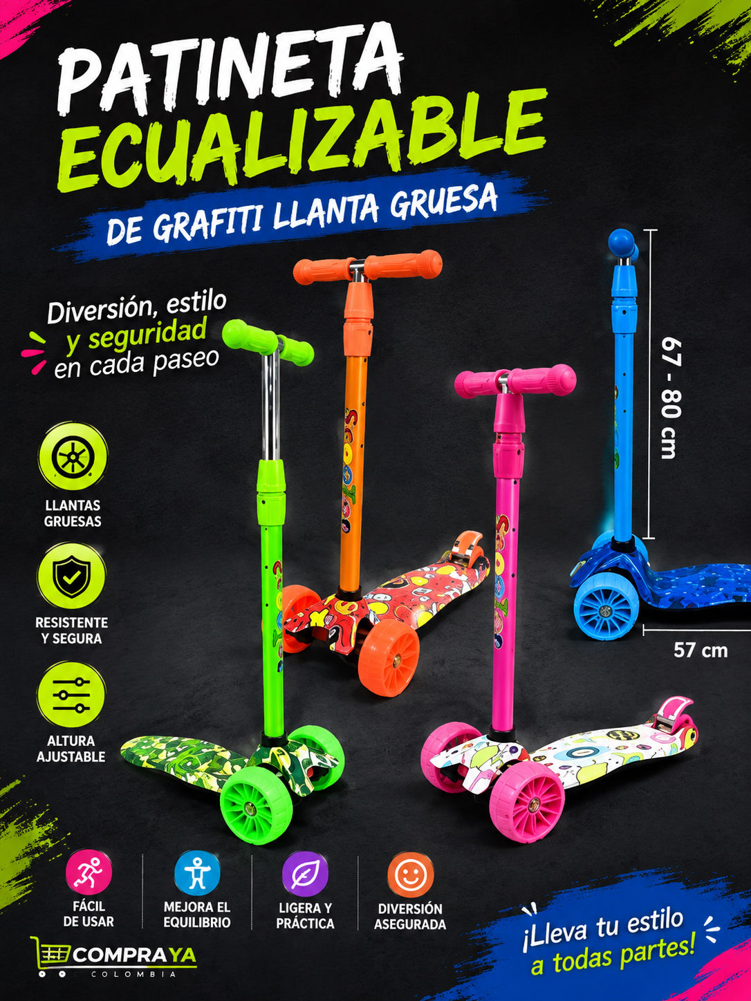 Patineta ecualizable de grafiti llanta gruesa