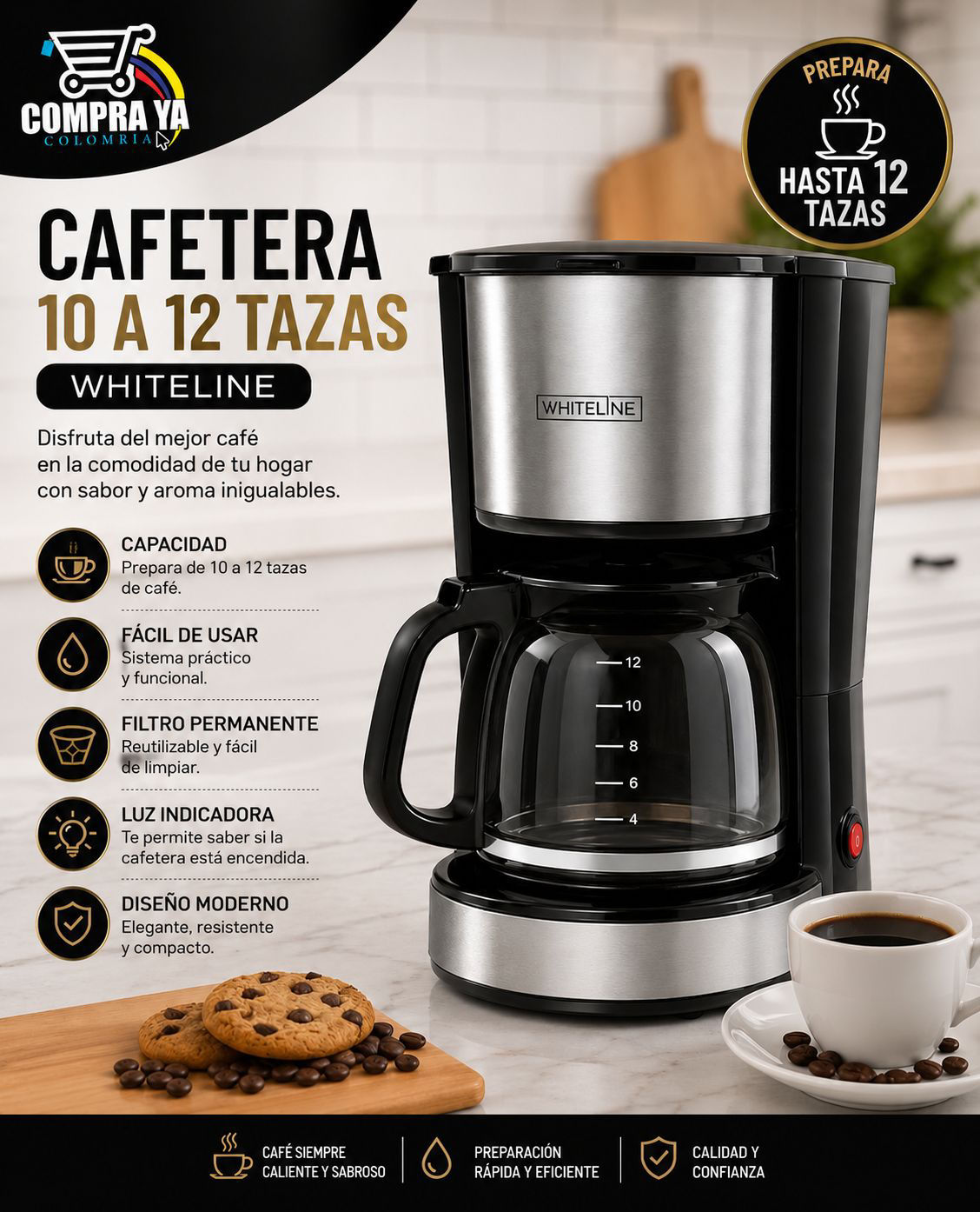 Cafetera 10 a 12 Tazas Whiteline