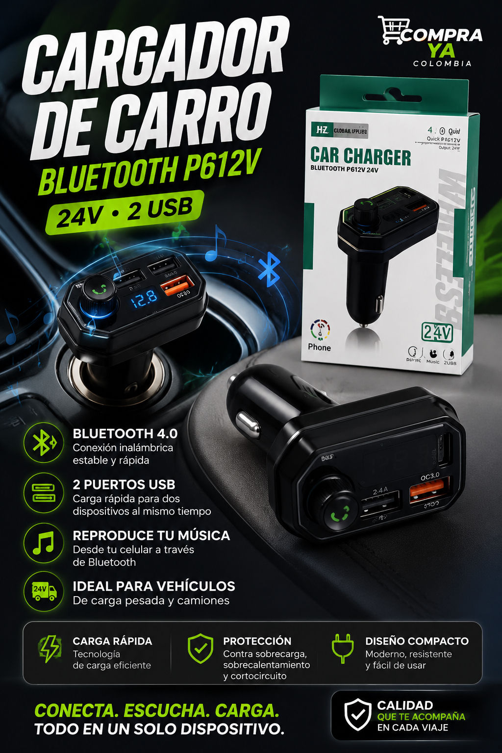 Cargador de carro Bluetooth P612V 24V 2USB.